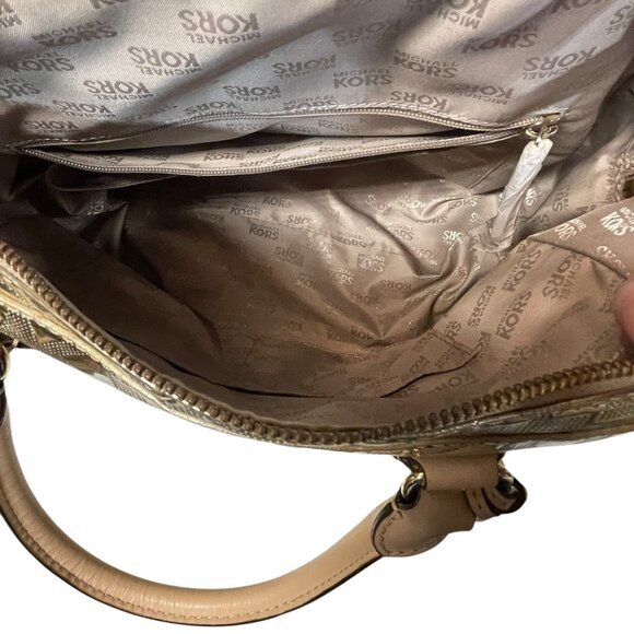 MICHAEL KORS Mason Medium Logo Embossed Metallic Gold Leather Satchel - Picture 10 of 10